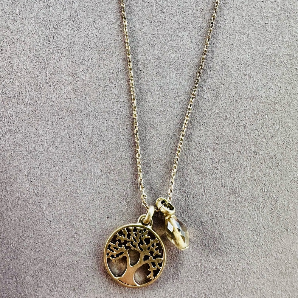 Fossil Tree of Life Brass Necklace with Faceted Charm